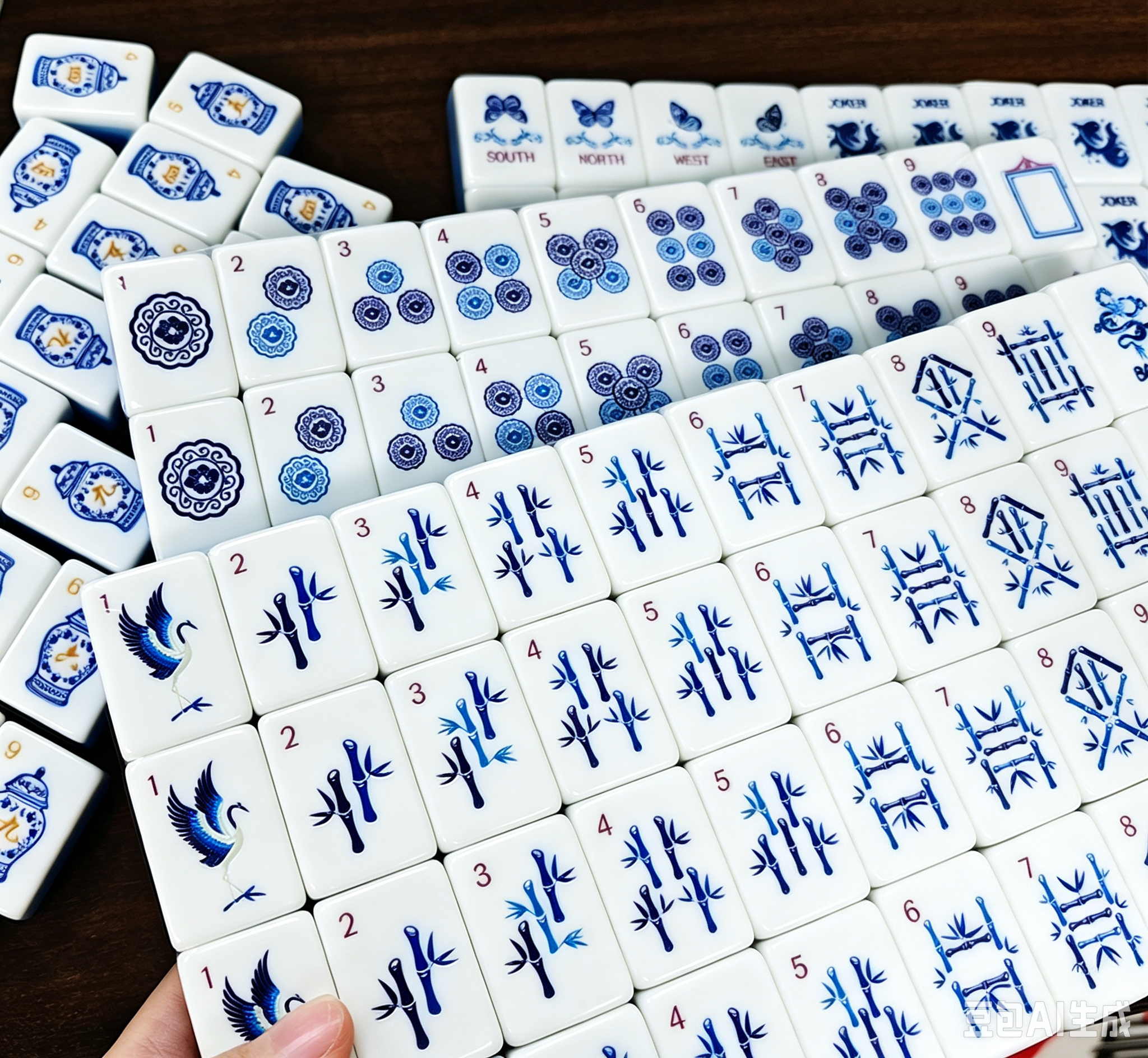 Luxury Solid Acrylic American Mahjong Tiles Blue White Porcelain Butterfly Vase Pattern Custom Printed Mahjong Game Set